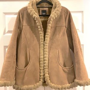 Eapirit Tan Shearling Faux Suede Faux Fur Lined Trim Winter Coat Size L